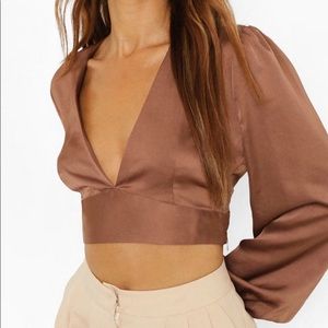Boohoo brown satin crop top